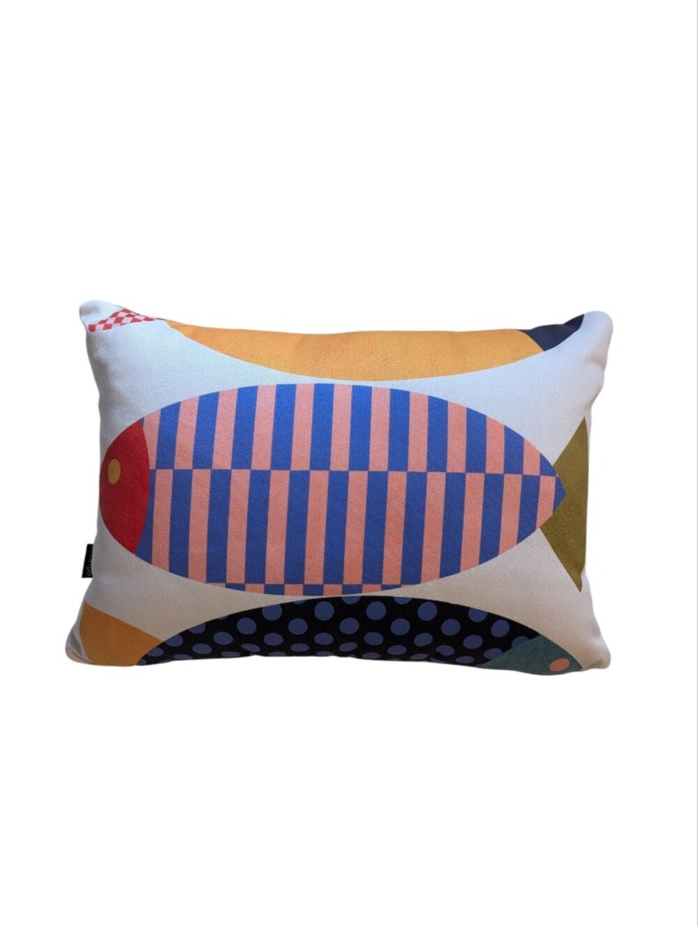 SOCIETY6 Mid-Century Fish Stripe & Dot Throw Pillow in Blue, Pink, Red, Yellow